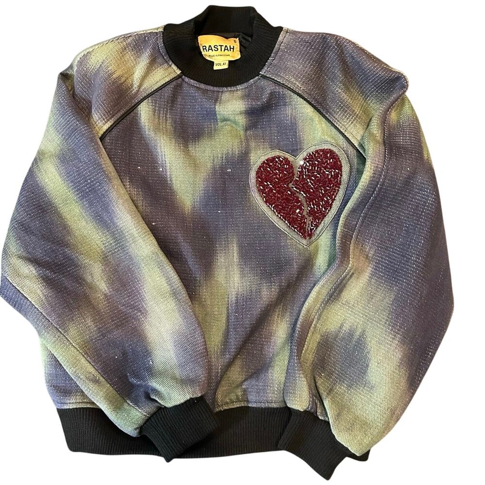 NWOT RASTAH pocketed beaded broken heart crew neck jacket tie-dye unisex Size S